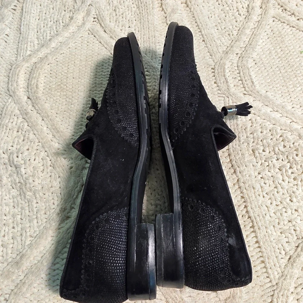 VTG Stuart Weitzman Tassel Loafers Black Suede Brogue‎ Womens 7.5 M Excellent